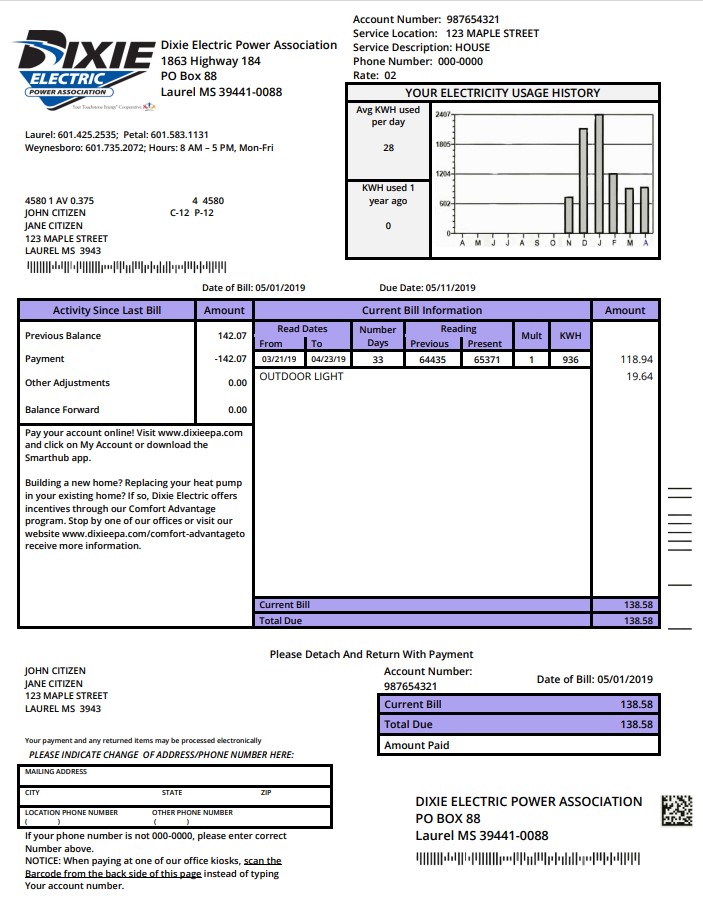 USA Mississipi Dixie Electric utility bill template in Word and PDF format